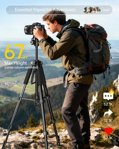 Vista 2 de UBeesize Trípode para cámara de 67 pulgadas con bolsa de viaje, trípode para teléfono celular con control remoto Bluetooth y soporte para teléfono