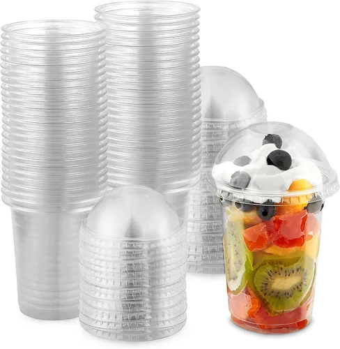 Vista 10 de Mini tazas de plástico transparente para postre con tapas de 5 onzas (juego de 50) taza de parfait desechable pequeña, tapa de cúpula, sin agujero