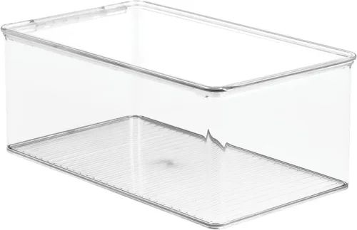 Vista 10 de mDesign Caja organizadora de almacenamiento apilable de plástico para oficina en casa con tapa de bisagra, contenedor para blocs de notas