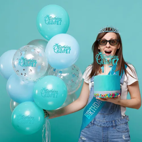 Vista 7 de Crowye Decoraciones de cumpleaños número 17, corona de tiara de 17 años, banda, decoración para tartas, velas, suministros para fiestas, regalos Azul