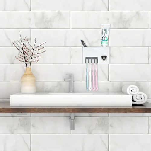 Vista 3 de LUEXBOX Soportes autoadhesivos para cepillos de dientes montados en la pared, soporte multifunción para pasta de dientes con cubiertas, dispensador