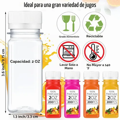 Vista 2 de Sliner 200 botellas pequeñas de plástico de 2 onzas para jugo, botella de jugo de jengibre con tapas, recipiente reutilizable transparente