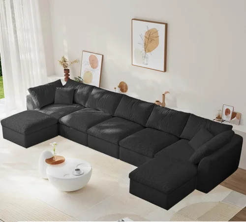 Vista 15 de Sofá modular de nube sin hueso de 108 pulgadas con asiento profundo para sala de estar, sofá en forma de L con otomana, tela de copo de nieve y Negro