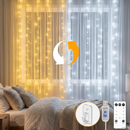Vista 22 de suddus Luces de Cortina para Dormitorio, 90 Luces LED de Cadena Colgantes para Exteriores, Luces de Cortina de Hadas para Interiores para Navidad