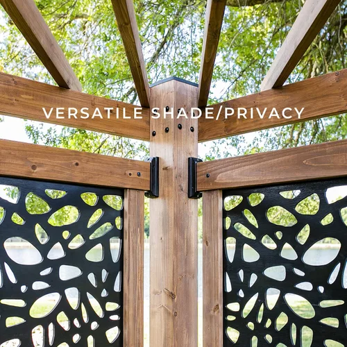 Vista 5 de Pérgola de cabana de Backyard Discovery en estilo Toscana con paneles de privacidad de guijarro y asientos para charlar en pómez