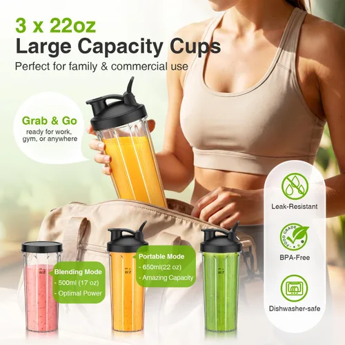 Vista 2 de KOIOS Licuadora para Batidos, Licuadora Personal para Batidos y Smoothies con 3 * 22oz Vasos Para Llevar, Batidora de Smoothies de 22000 RPM