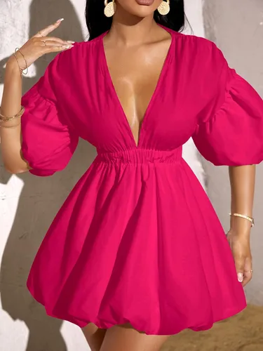 Vista 3 de WDIRARA Vestido de cintura elástica con cuello en V profundo y manga abombada para mujer