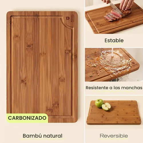 Vista 3 de ROYAL CRAFT WOOD Tablas de cortar de madera para preparar comidas de cocina y servir – Juego de tablas de cortar de bambú no tóxicas con asas Marrón
