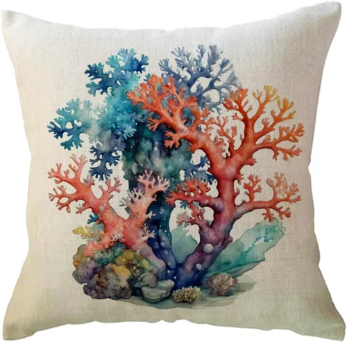 Vista 7 de ULOVE LOVE YOURSELF Funda de almohada de acuarela coral con diseño de planta de follaje de árbol de mar, océano náutico, playa, casa, fundas