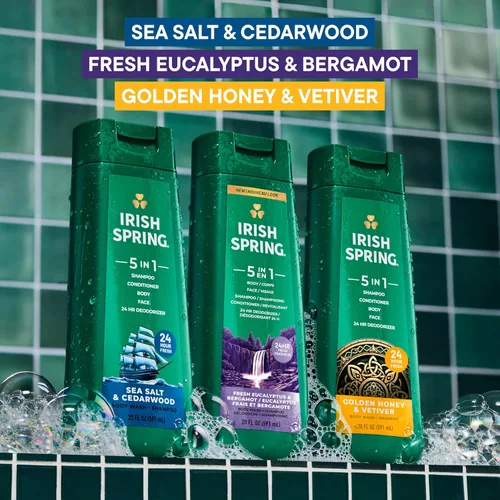 Vista 8 de Irish Spring Gel de baño hidratante 5 en 1 para hombres, champú, acondicionador, lavado corporal y facial, y desodorante 24 horas, sin parabenos