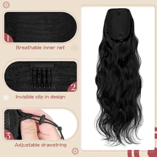 Vista 4 de FELENDY Extensión de cola de caballo con cordón de 22 pulgadas de largo, ondulado, envolvente, cola de caballo, cabello rizado con clip para mujer