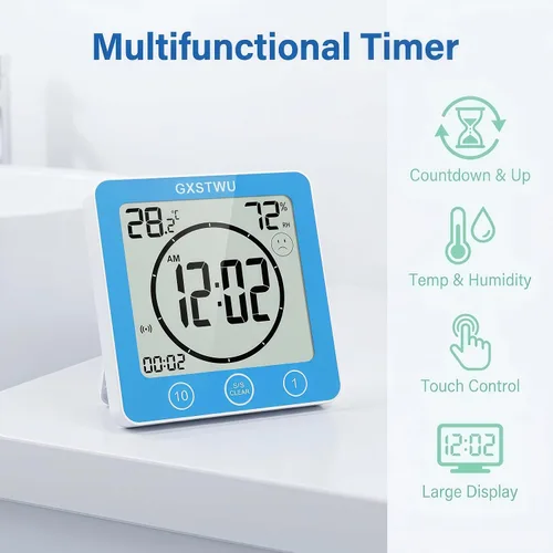 Vista 2 de Reloj de ducha digital, reloj temporizador de baño, resistente al agua para rociar agua, alarma de cuenta regresiva, temporizador de pantalla