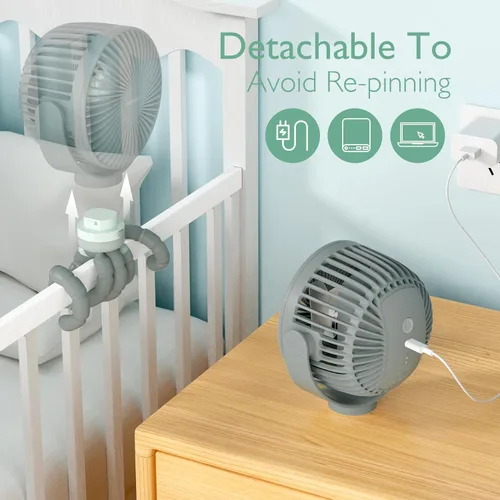 Vista 6 de Momcozy Ventilador portátil para cochecito de 8000 mAh, batería de 27 horas de duración desmontable de 4 velocidades de rotación de 360° con 2