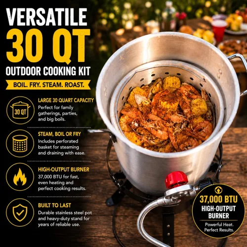Vista 3 de Barton - Kit de freidora de pavo y caldera de mariscos de 30 cuartos de galón, 37,000 BTU de propano para exteriores, olla para freír pescado, cesta