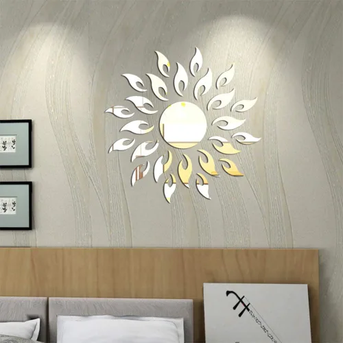 Vista 6 de Calcomanías de pared de espejo de girasol, redondas acrílicas autoadhesivas para bricolaje, decoración del hogar para sala de estar, dormitorio