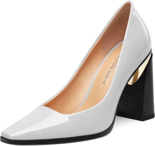 Vista 12 de Tacones altos para mujer, zapatos de vestir de tacón grueso con puntera cuadrada cerrada de patente, tacones elegantes, zapatos de vestir diarios