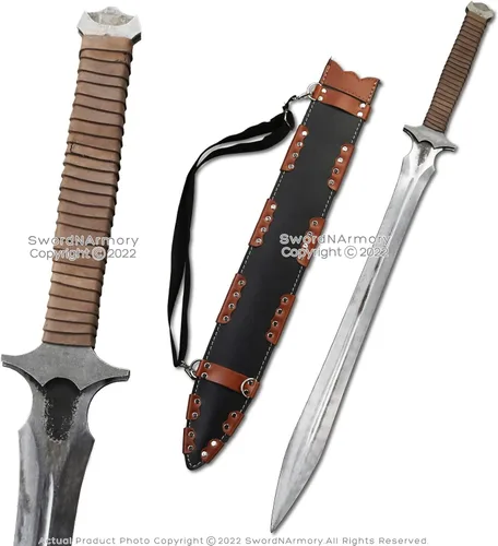 Vista 2 de Munetoshi 36" machete de doble filo espada corta manganeso acero batalla listo para la batalla funda de cuero