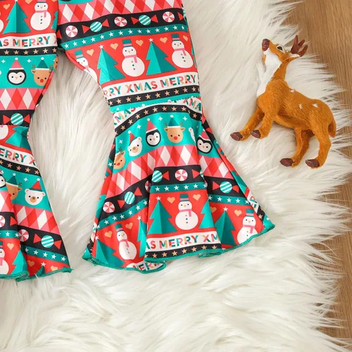 Vista 6 de Traje de Navidad para bebé niña, camisa de manga larga, vestido con volantes, leggings para niños, pantalones acampanados, bufanda, disfraz de Papá