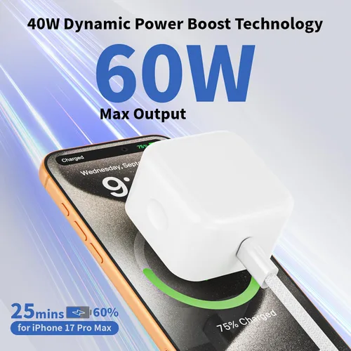Vista 2 de Paquete de 2 cargadores rápidos para iPhone 17/16/15, adaptador dinámico Apple USB C de 40W con cable tejido de carga rápida tipo C-C de 60W máximo