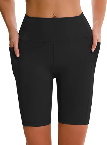 Vista 6 de APEXUP Pantalones cortos de entrenamiento, pantalones cortos de ciclismo de 8 pulgadas para mujer, cintura alta, pantalones cortos de yoga