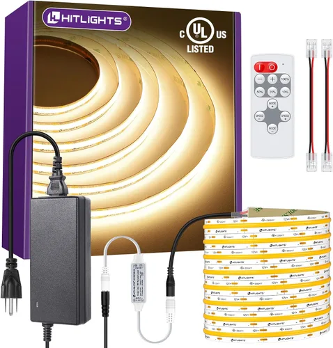 Vista 10 de HitLights COB - Tira de luces LED de color blanco cálido, cinta de luz de 12 V, 2700 K, 16.4 pies, 2640 LED, 426 lm/ft, CRI 90+, IP30, iluminación