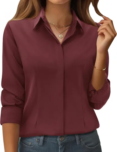 Vista 9 de siliteelon Camisas con botones para mujer: ajuste clásico, resistente a las manchas, manga larga, sin arrugas, oficina de negocios