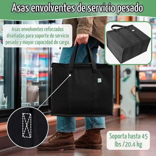 Vista 4 de VENO Paquete de 2 bolsas enfriadoras aisladas para entrega de alimentos, bolsas de compras plegables y reutilizables con cremallera, plegables