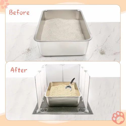 Vista 4 de Juego de 2 cajas de arena gigantes extra grandes de acero inoxidable para gatos (24 x 16 x 6 pulgadas) con 2 cucharas de arena de metal para gatos