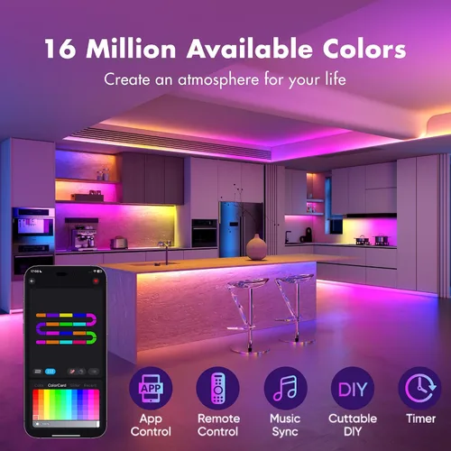 Vista 6 de Tira de luces LED de 50 pies, Smart IC RGB segmentado DIY cambio de color, efectos de persecución de arco iris, aplicación WiFi/control de voz
