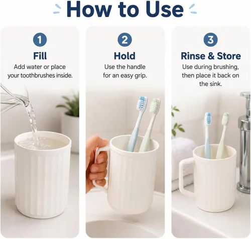 Vista 8 de Beavorty Tazas de baño vaso de plástico para cepillos de dientes con asa para viajes en casa, taza blanca