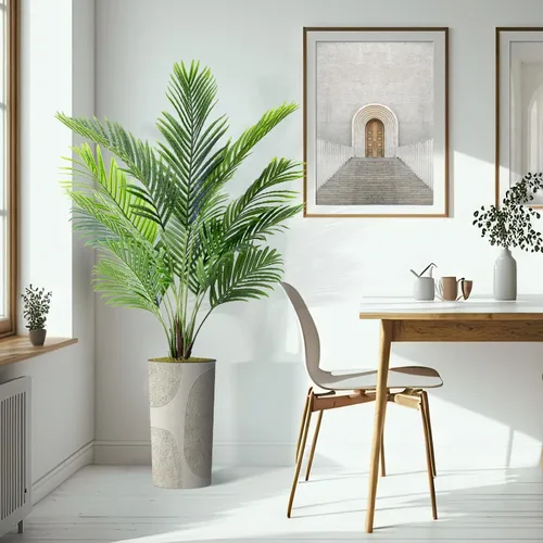 Vista 6 de Árbol artificial en maceta de diseño opcional, palmera tropical areca falsa de seda para decoración del hogar en interiores y exteriores, altura