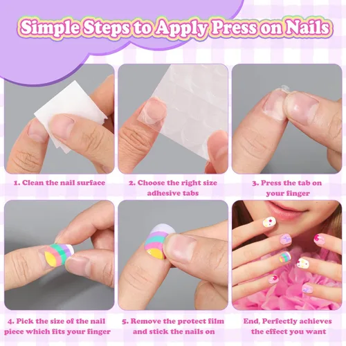 Vista 4 de 144 Piezas de Uñas Postizas a Presión para Niñas, Uñas Postizas para Niñas con Kit de Pegamento, Lindas Puntas de Uñas con Adhesivo de Uñas