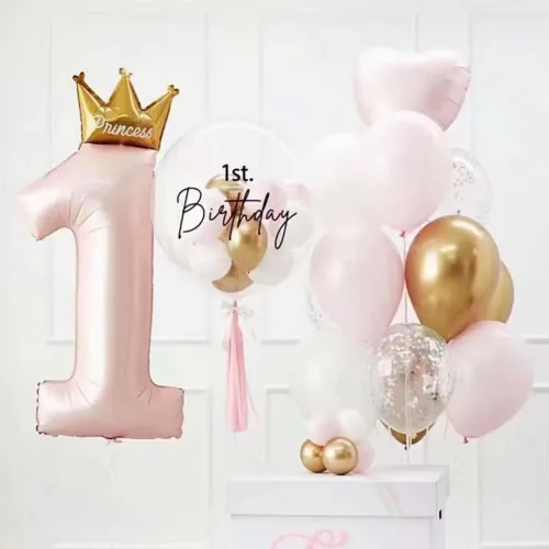 Vista 3 de Globos rosas de corona de princesa número 1 de 40 pulgadas, globos de primer cumpleaños para niñas, decoraciones de fiesta de primer cumpleaños