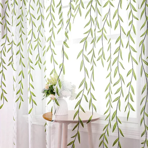 Vista 10 de BROSHAN - Cortinas transparentes con estampado verde, color blanco, 2