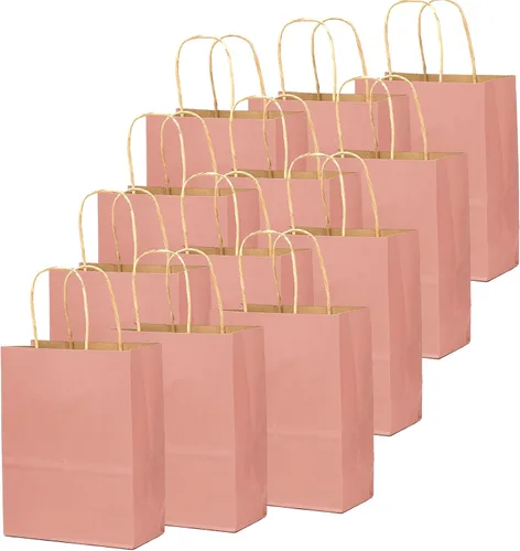 Vista 3 de qiqee Bolsas grandes de papel kraft con asas de 13 x 10 x 5 pulgadas, 32 bolsas de papel de regalo, bolsas de color sólido rosa brillante