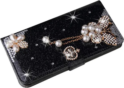 Vista 2 de XYX Funda tipo cartera para Samsung Galaxy A32 5G, Bling Glitter Crown Butterfly Diamond Flip Card Slot Luxury Girl Women Phone Cover - Negro