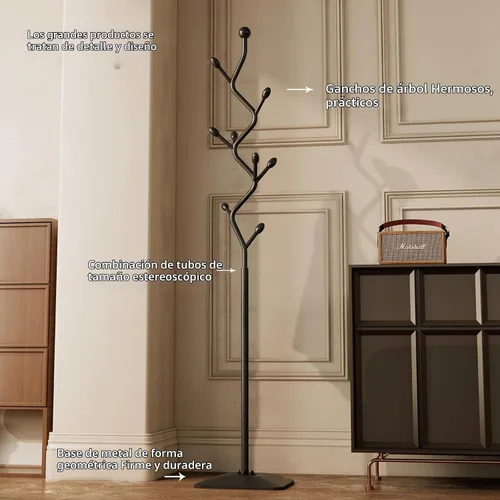 Vista 8 de Perchero en forma de árbol ZHBHYZ, árbol de abrigos de metal con 8 ganchos y base de hierro fundido resistente, perchero de pie de alta resistencia
