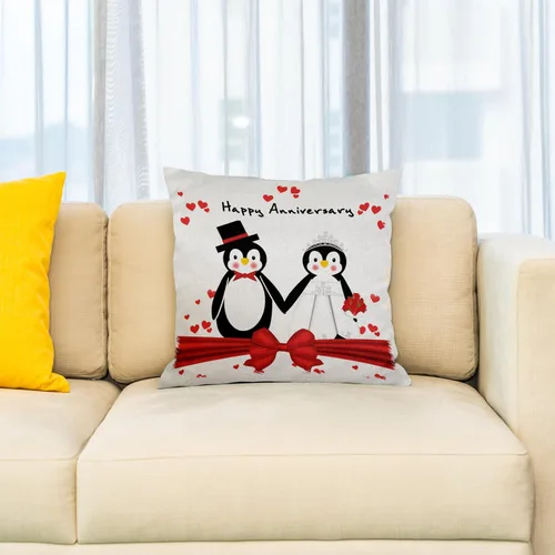 Vista 2 de Funda de almohada 3D con diseño de pingüinos y corazones rojos y rosas en 3D, 16 x 16 pulgadas
