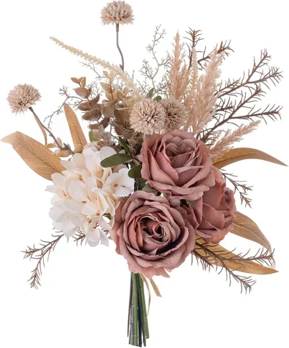 Vista 8 de Arreglos florales artificiales de seda de 17 pulgadas, ramos de flores artificiales que consisten en ranúnculos, crisantemos silvestres, rosas Ámbar