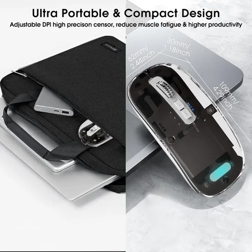 Vista 7 de Mouse inalámbrico transparente para computadora, mouse Bluetooth recargable, pantalla de alimentación, DPI, acceso directo, Bluetooth trimodo