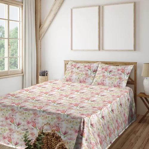 Vista 15 de Ambesonne Floral Sheet Set, Nature Themed Oversimplified Blossom Shaped Pattern Print Artwork, Fitted and Flat Sheet with Pillowcases Bedding Accent
