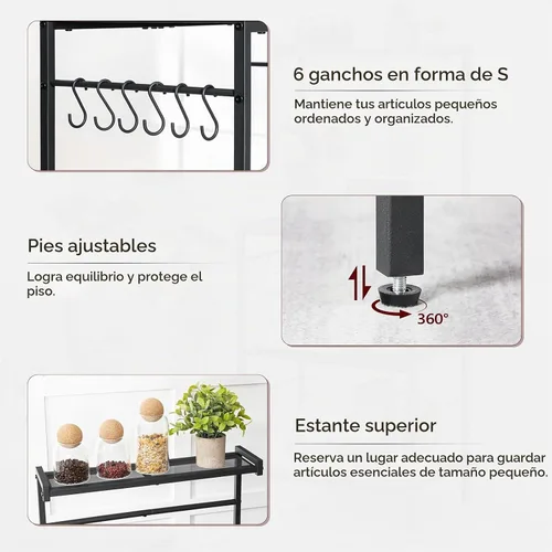 Vista 5 de MAHANCRIS Estante de panadería con toma de corriente, estante de almacenamiento para cocina con 6 ganchos, soporte para microondas
