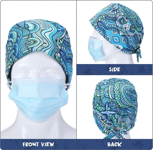 Vista 5 de Geyoga 6 piezas de gorras bouffant para trabajo y quirúrgicas, gorras de enfermera con botones y banda para el sudor, ajustable, con lazos