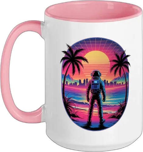 Vista 6 de Vaporwave Synthwave Astronaut Spaceman Science Space Ceramic Mug, Black/White, 11oz