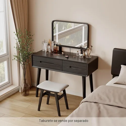 Vista 7 de Tocador de madera maciza con espejo y luces, brillo ajustable, tocador de maquillaje de madera con 3 cajones, semiensamblado, escritorio de tocador