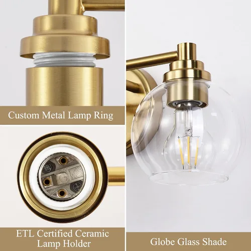 Vista 5 de Lámparas de baño de 3 luces, moderna lámpara de tocador con pantalla de cristal de globo, luces de baño doradas cepilladas sobre el espejo, luces