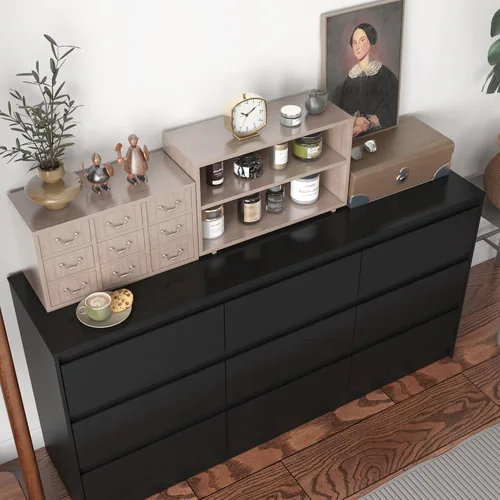 Vista 6 de Cómoda de 9 cajones para dormitorio con cajones profundos, cómodas grandes de piso de madera y cajoneras sin manijas, cómodas largas negras modernas