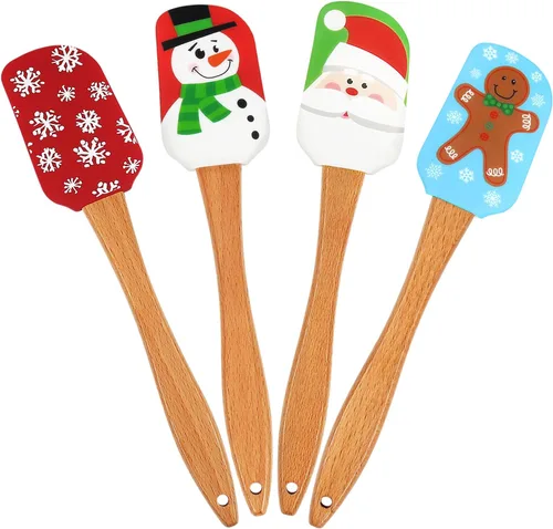 Vista 7 de Espátula de silicona de Navidad, juego de 2, espátula grande de Papá Noel y muñeco de nieve con mango de madera, ideal para decoración de Navidad