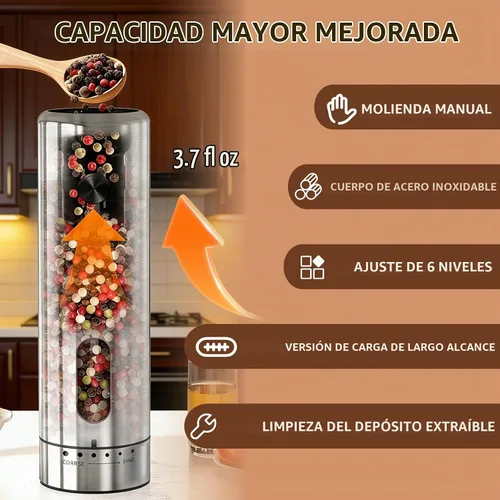 Vista 3 de Juego de molinillo eléctrico de sal y pimienta con base recargable, salero y pimentero automático de acero inoxidable, ajuste mejorado de 2