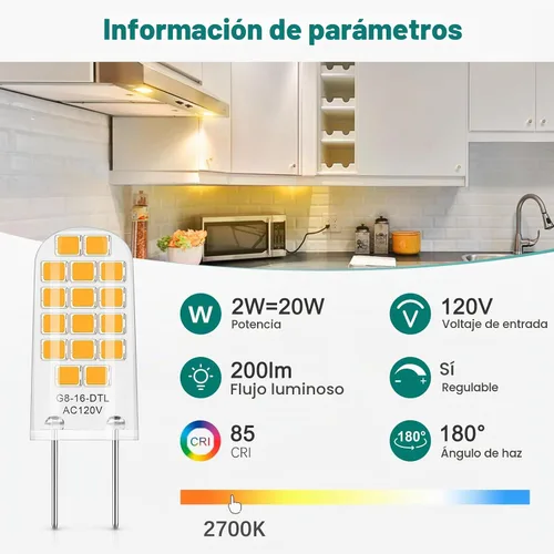 Vista 2 de DiCUNO Bombilla LED G8 regulable, equivalente a 20 W, blanco cálido 2700 K